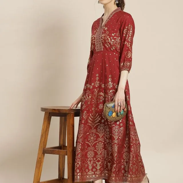 Women Red & Golden Ethnic Motifs Print Liva Maxi Dress - Nesavaali London
