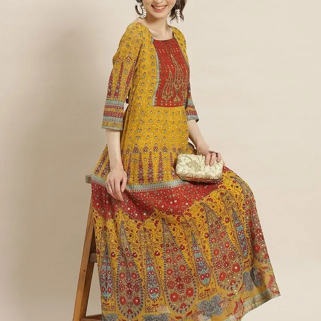 Mustard Yellow & Red Ethnic Motifs Maxi Dress - Nesavaali London