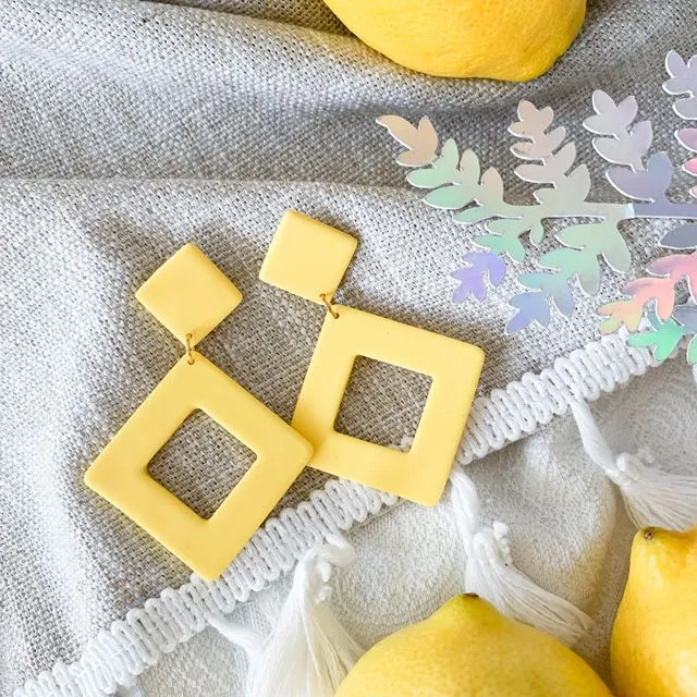 Lemon inspired yellow rhombus drop style earrings