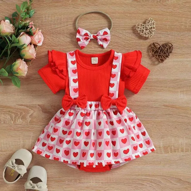 Flutter Sleeve Bowknot Printed Babysuit Set-Red