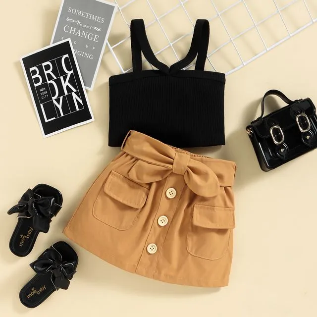 Ribbed Camisole Bowknot Skirt Set-Black
