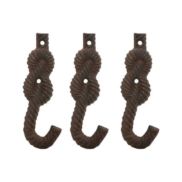 Cast Iron Rope Decorative Wall Hooks, Antique Brown,Set of 3