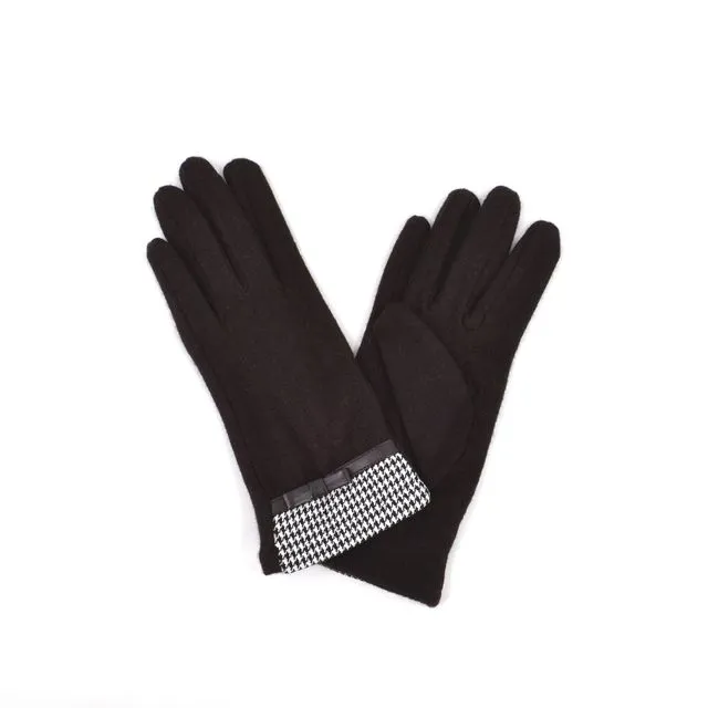 Leather Bow Details Ladies Wool Gloves - Brown