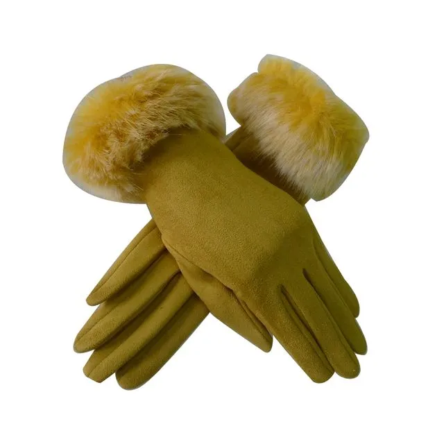 Faux Suede Gloves With Faux Fur Cuff - Yellow