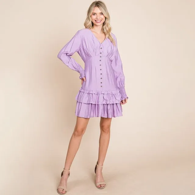 Tiered Hem Button Down Smocked Sleeve Dress, SML(2-2-2)/1Pack