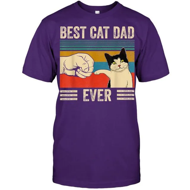 Summer New Cat Dad Print Cotton Round Neck Short-sleeved T-shirt/ Purple