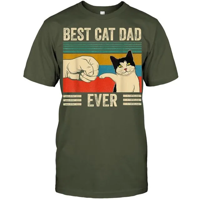 Summer New Cat Dad Print Cotton Round Neck Short-sleeved T-shirt/ Army Green