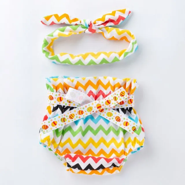 Baby Print Pants and Bow Headwear Set/Ripple Print