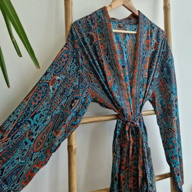Men's Silk Boho Kimonos Man House Beach Artist Dressing Robe | Deep Navy Ocean Sky Love Rust Paisley Regal Romance | Gift Holiday Lover