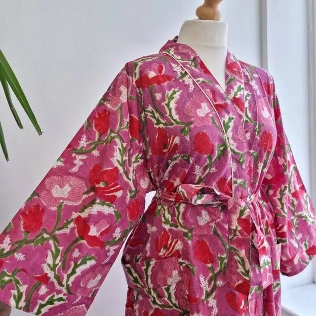 Pure Cotton Handprinted House Robe Tropical Kimono - Floral Deep Rose Pink Pansy Botanical Paradise Beach Coverup/Comfy Maternity