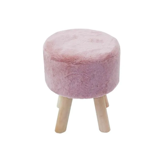 Faux Fur Round Footstool with 4 Wooden Legs Ottoman,Pink