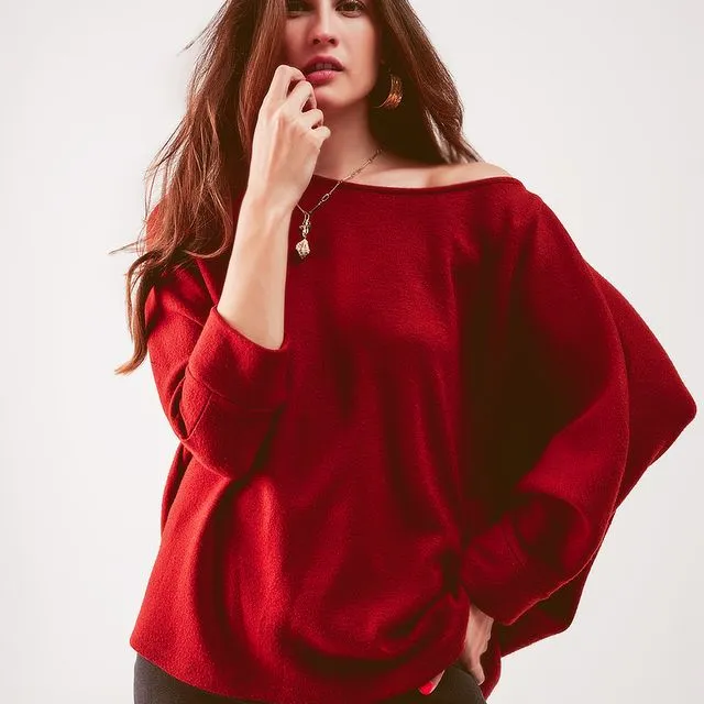 BOAT NECK BATWING SWEATER IN RED ORANGE