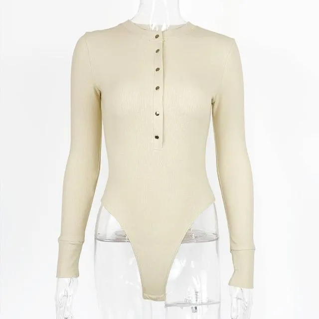 V-Neckline Ribbed Long Sleeve Cotton Bodysuit-70353 - BEIGE