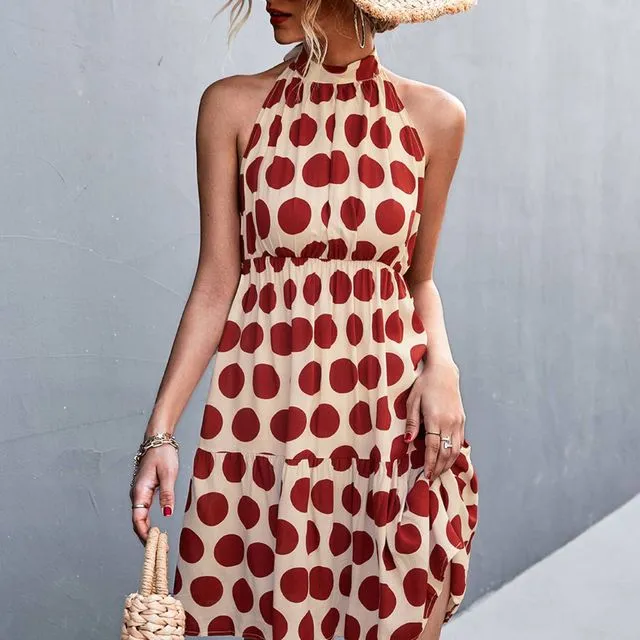 Vacay Babe Polka Dot Backless Halter Maxi Dress-70905 - RED