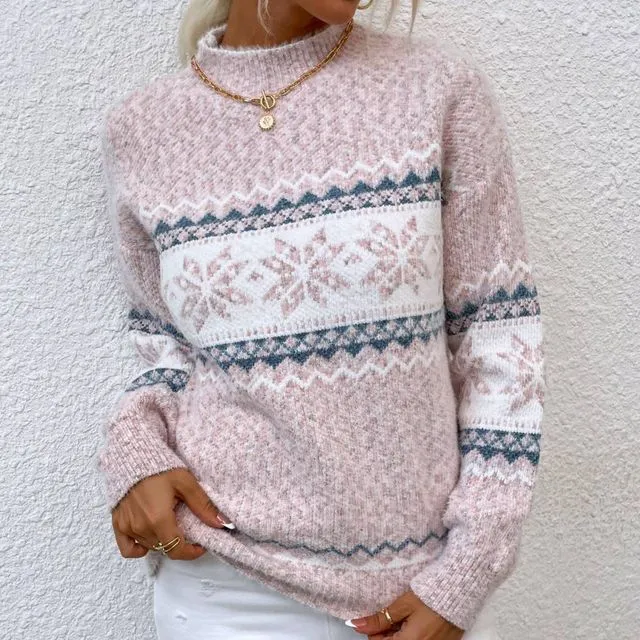 Wonderful Memories Snowflake Print Knit Sweater-70258 - PINK