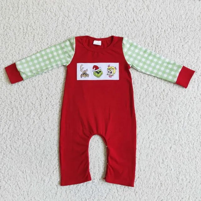 Red cotton green face embroidery boy Christmas romper