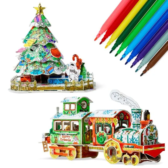 Christmas 3D Puzzle to Build and Colour in, Xmas Tree Train