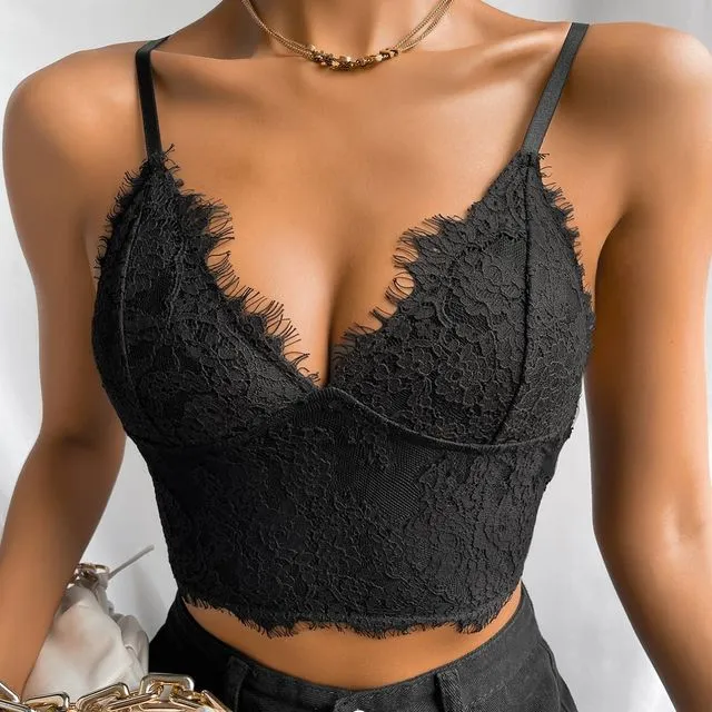 All the Appeal Black Eyelash Lace Bustier Crop Top-70611 - BLACK