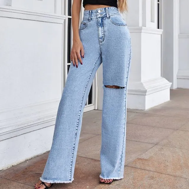 Always a Look High Rise Distressed Wide Leg Jeans-70885 - LIGHT WASH