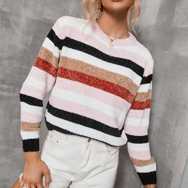 Always On-Trend Multi Striped Cropped Sweater-70182 - PINK STRIPES