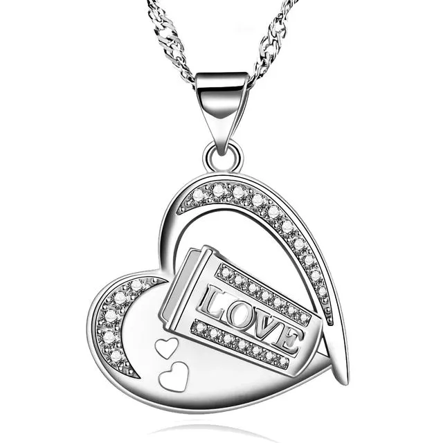 18k White Gold Filled CZ Diamond Love Cup Heart Pendant Necklace