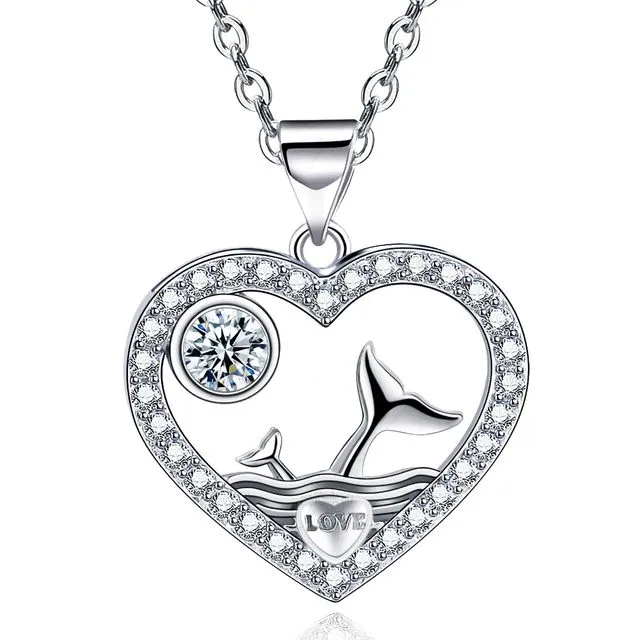 18k White Gold Filled CZ Diamond Whale Tail Heart Pendant Necklace