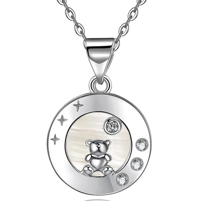 .925 Silver Created Diamond Cute Bear Pendant Necklace