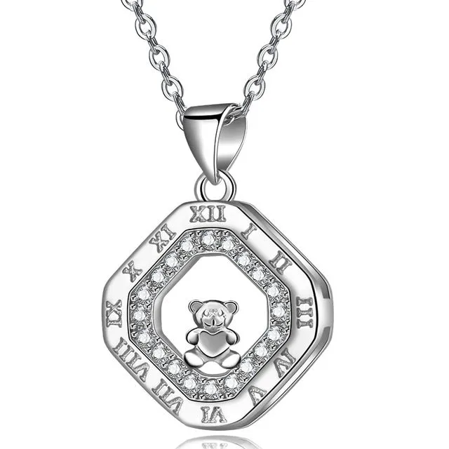 .925 Silver Created Diamond Roman Nameral Cute Bear Pendant Necklace