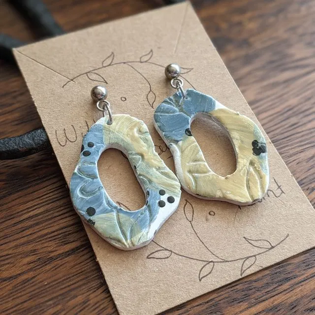 Abstract clay earrings, blue and yellow embossed earrings, floral air dry clay earrings, summer earrings
