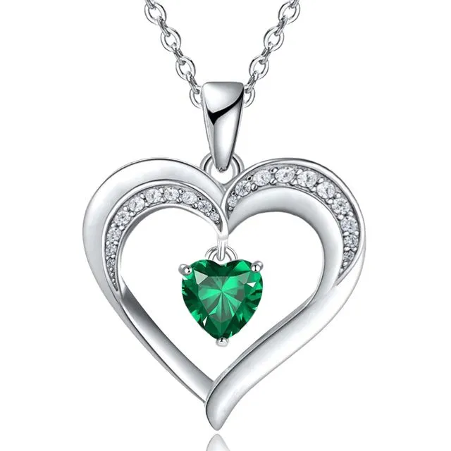 White Gold Filled Created Emerald Heart Pendant Necklace