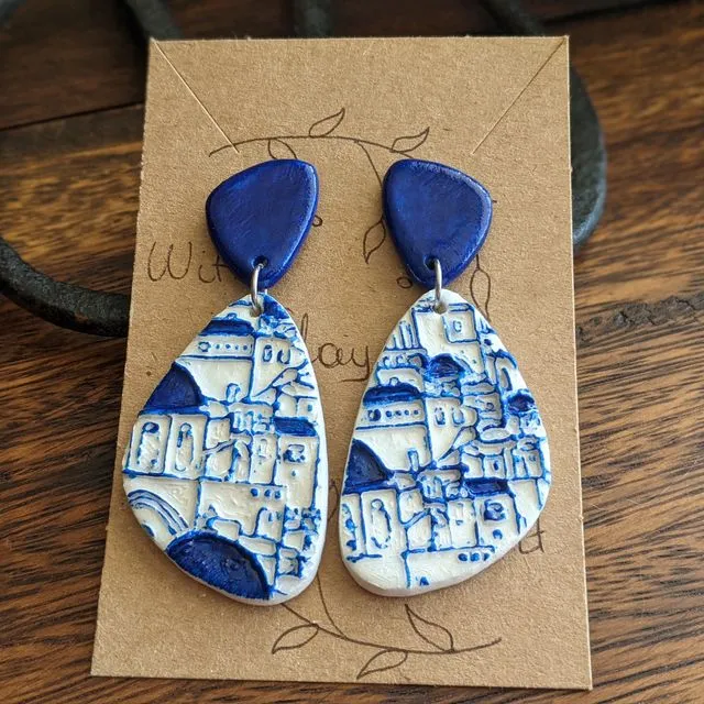 Greek islands earrings, blue and white embossed clay earrings, Santorini textured earrings