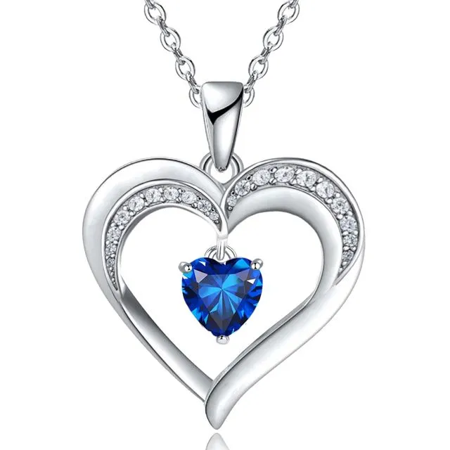 White Gold Filled Created Sapphire Heart Pendant Necklace