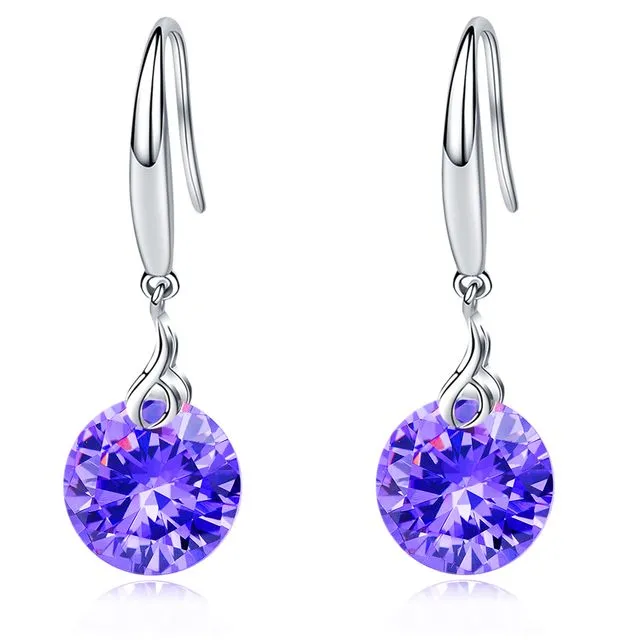 .925 Silver Round Shape 9mm Created Amethyst Dangle Earring