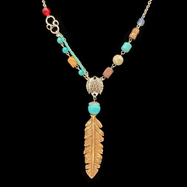 Silver Gold Feather Turquoise Style Necklace and Earrings