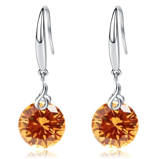 .925 Silver Round Shape 9mm Created Citrine Dangle Earring