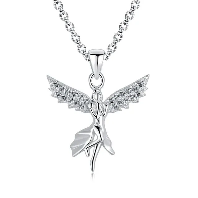 18k White Gold Filled CZ Diamond Guardian Angel Pendant Necklace