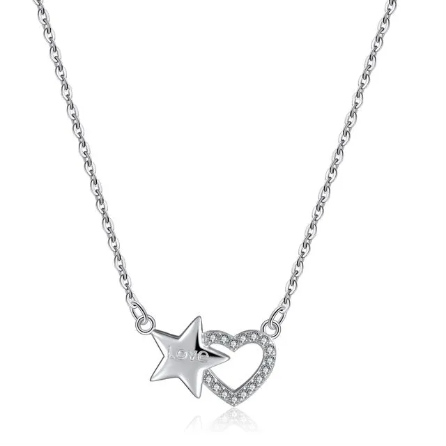 18k White Gold Filled CZ Diamond Star & Love Heart Pendant Necklace