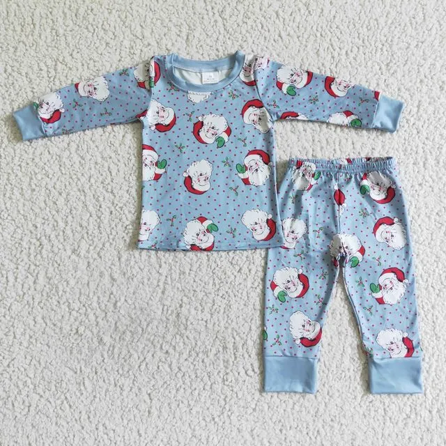 Blue santa polka dots long sleeve baby kids Christmas pajamas
