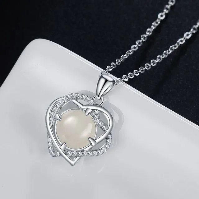 18k White Gold Filled Moonstone Double Heart Pendant Necklace
