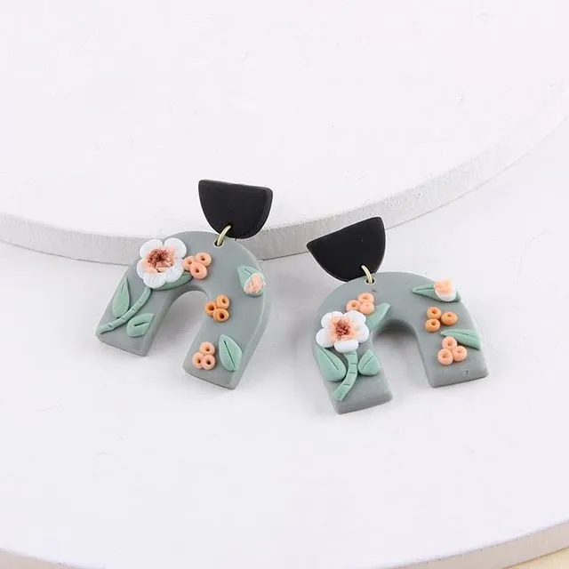 Handmade Polymer U-Shaped Flower Earrings