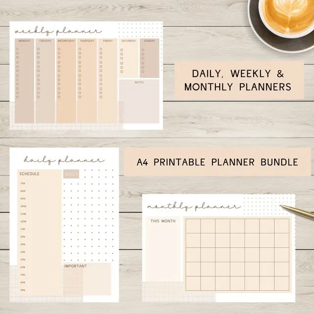 A4 Planner Bundle | Daily, Weekly & Monthly | Neutral Tones | Instant Download | Printable | Print at Home | Organisation | Minimalistic