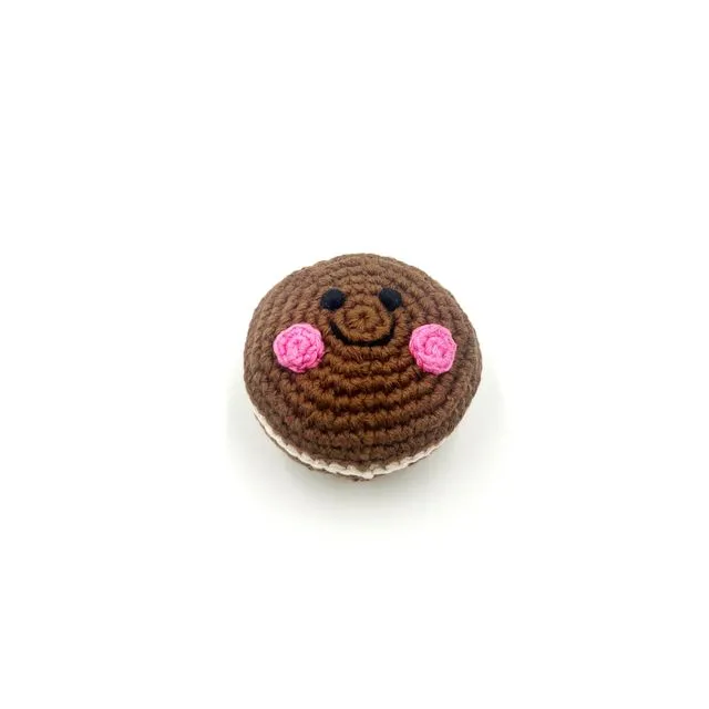 Handmade soft Toy Friendly macaron rattle-chocolate| Fair Trade | Machine Washable | CE Certified