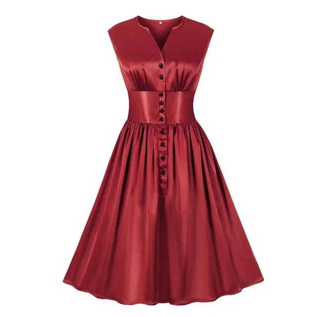 Back To 80'S Satin V-Neck Button Down Sleeves Midi Dress-71124 - RED