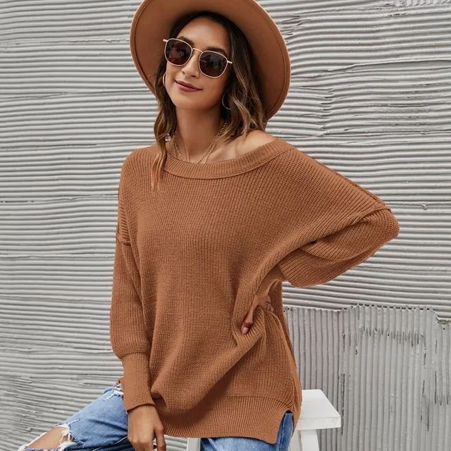 Basic Loose Fit Solid Ballon Sleeves Sweater Top-70498 - BROWN
