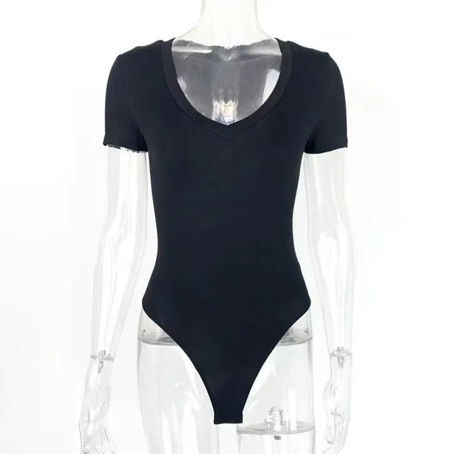 Basic Multi Colors V-Neck Short Sleeves Bodysuit-70941 - BLACK