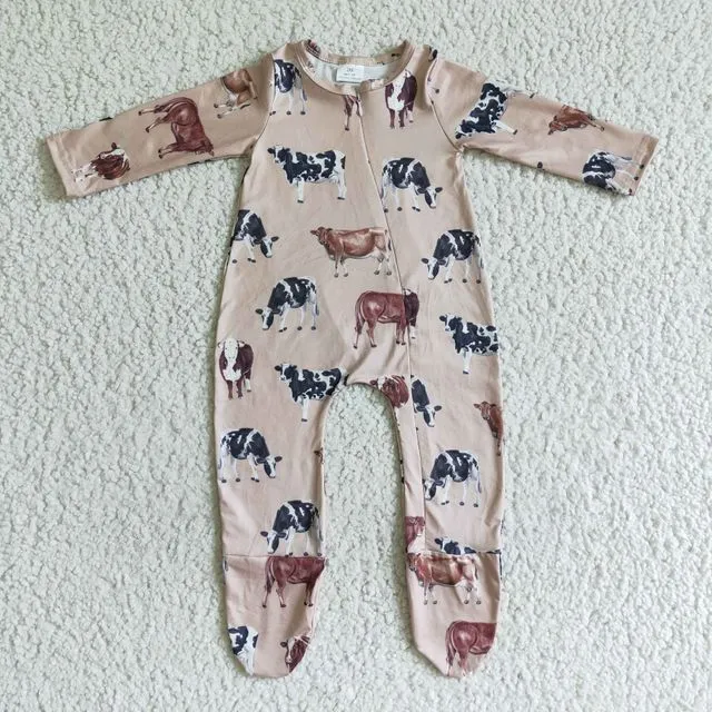 Cows kahki baby footed zip coverall