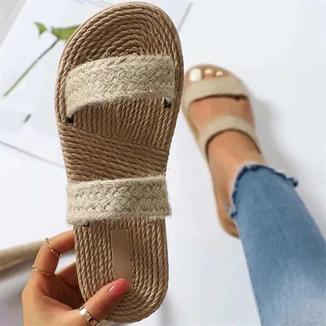 Imitation Straw Woven Trend Women's Flip-flops Flat Shoes Fashion Outer Wear Beach Casual Sandals and Slippers