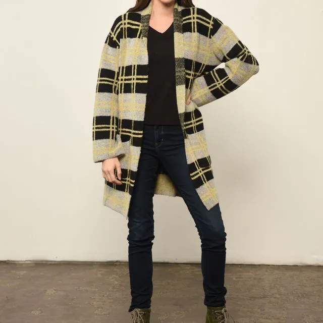 Plaid Print Open Front Jacket in Yellow Plaid