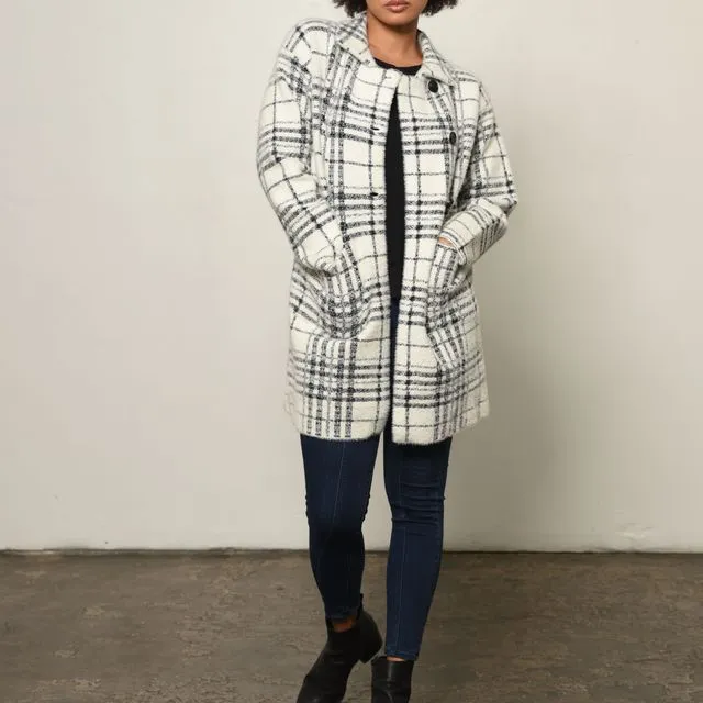 Plaid Print Button(s) Closure Coat in Ivory Lines
