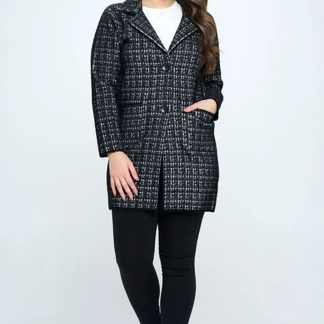 Buttons Closure Long Coat in Black Squares